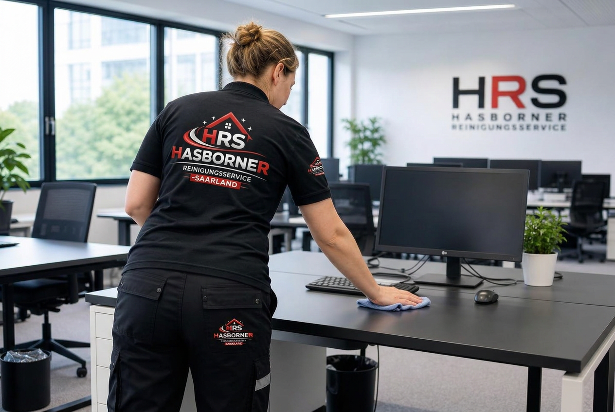 Team bei der Büroreinigung in einem modernen Großraumbüro