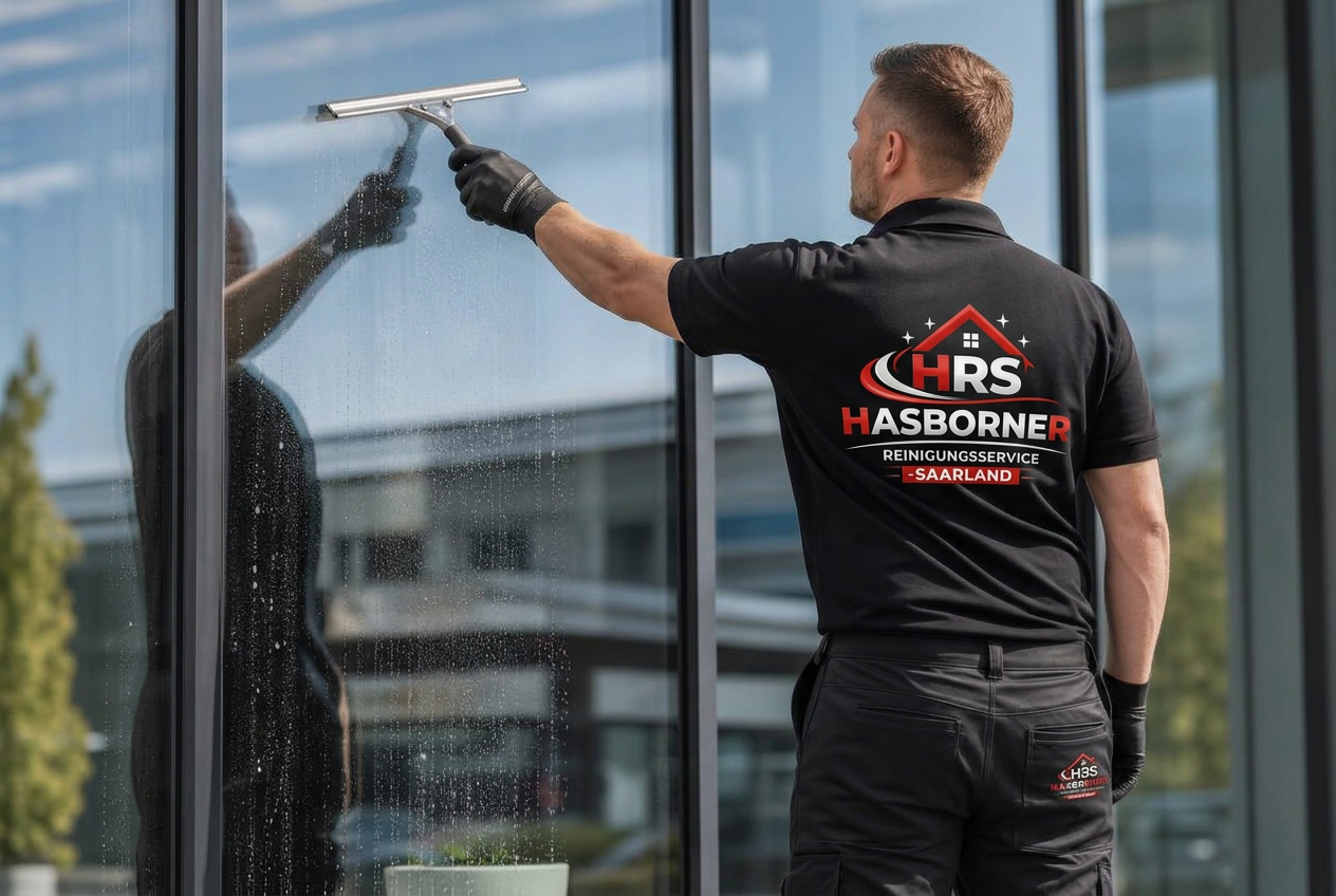 Fensterreiniger reinigt große Glasfassade streifenfrei