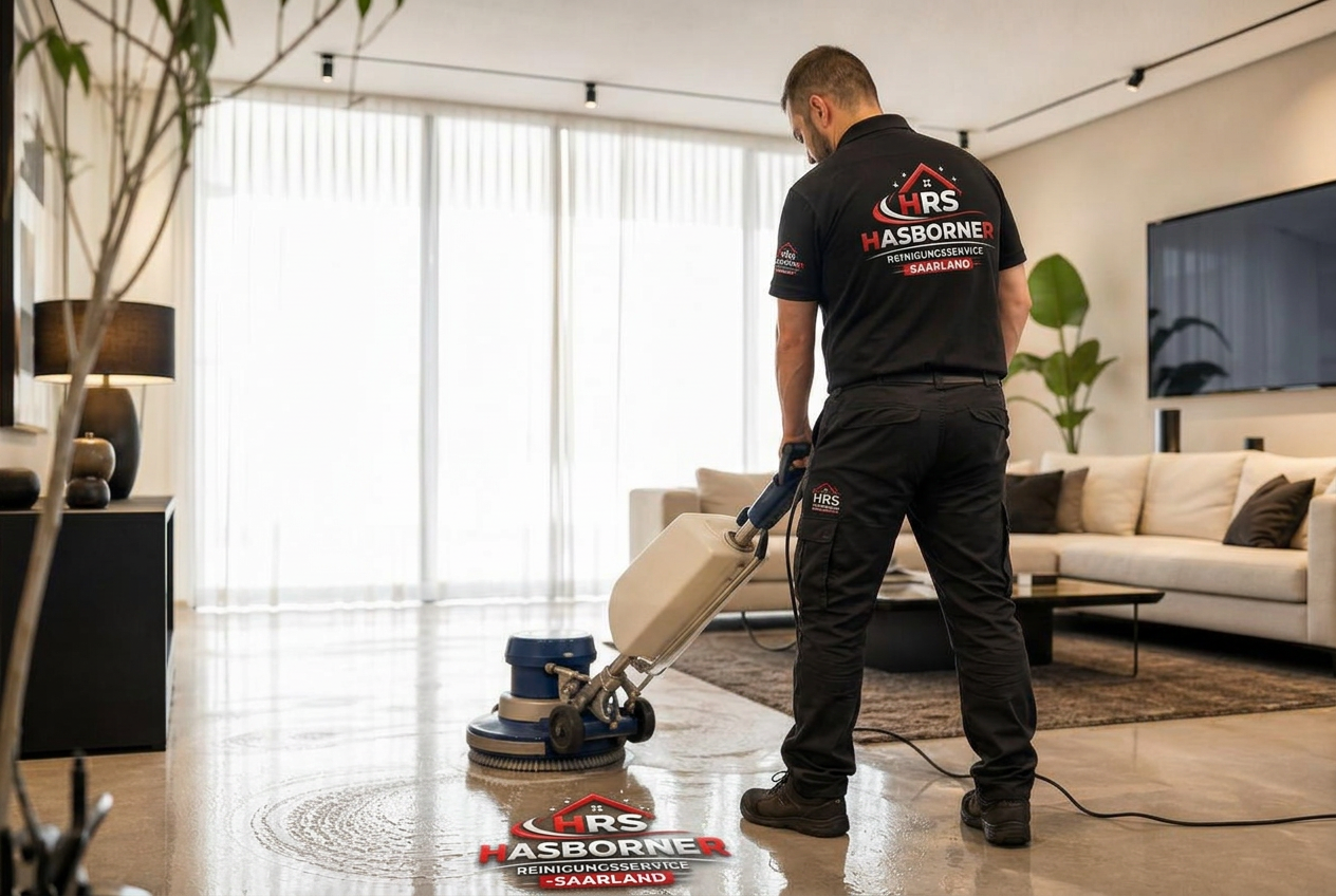 Grundreinigung eines modernen Wohnraums mit Reinigungsmaschine