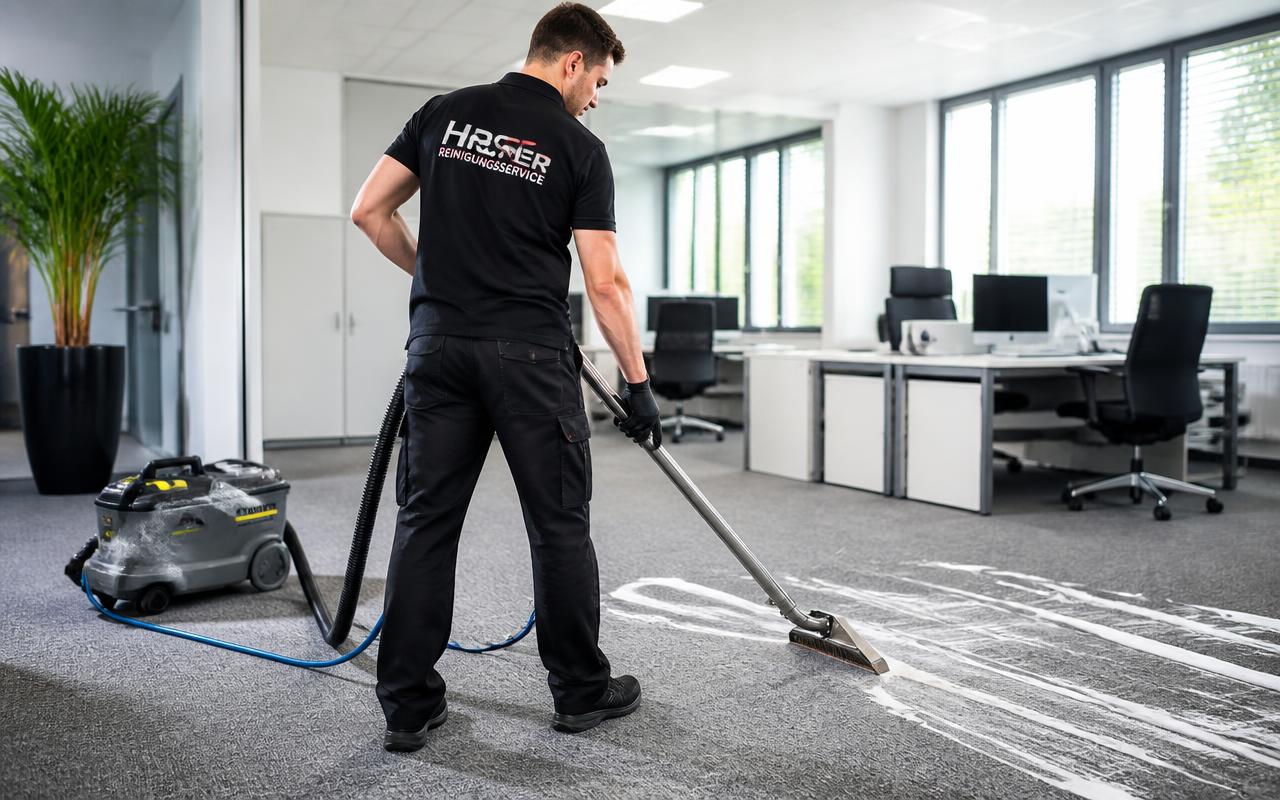 Mitarbeiter in schwarzer HRS-Arbeitskleidung bei der professionellen Teppichreinigung im Büro